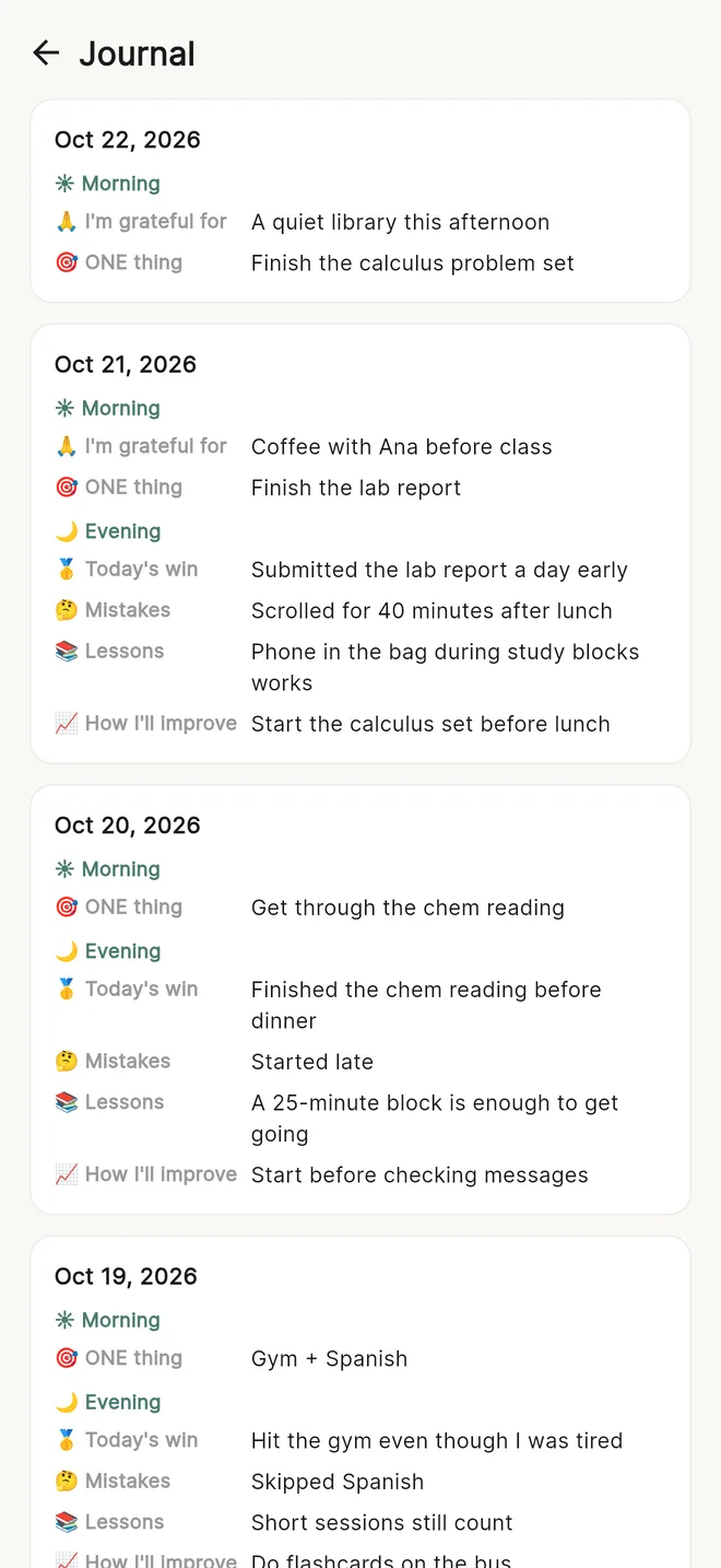 Habidu app: daily journal screen